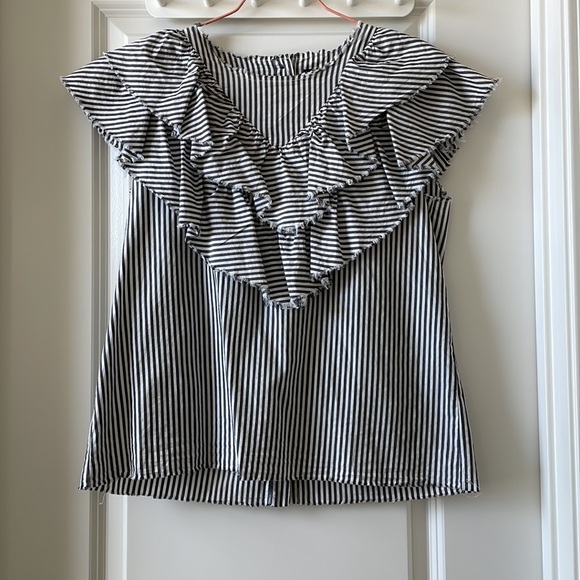 Zara Ruffled Blowse with White and Grey Stripes - Picture 1 of 6